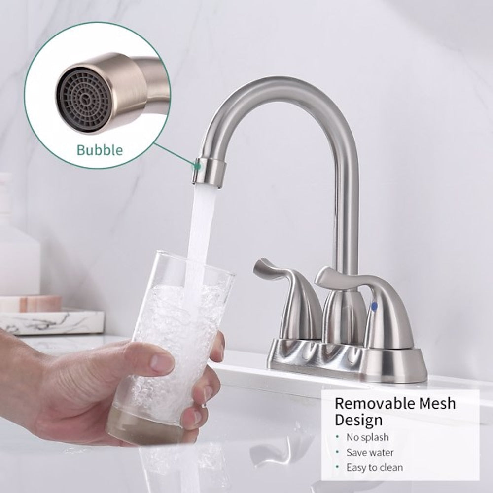 Brushed Nickel High Arc Swivel Spout Centerset Bathroom Faucet, Double-Handle 3-Hole Sink Faucet with Pop-Up Drain
