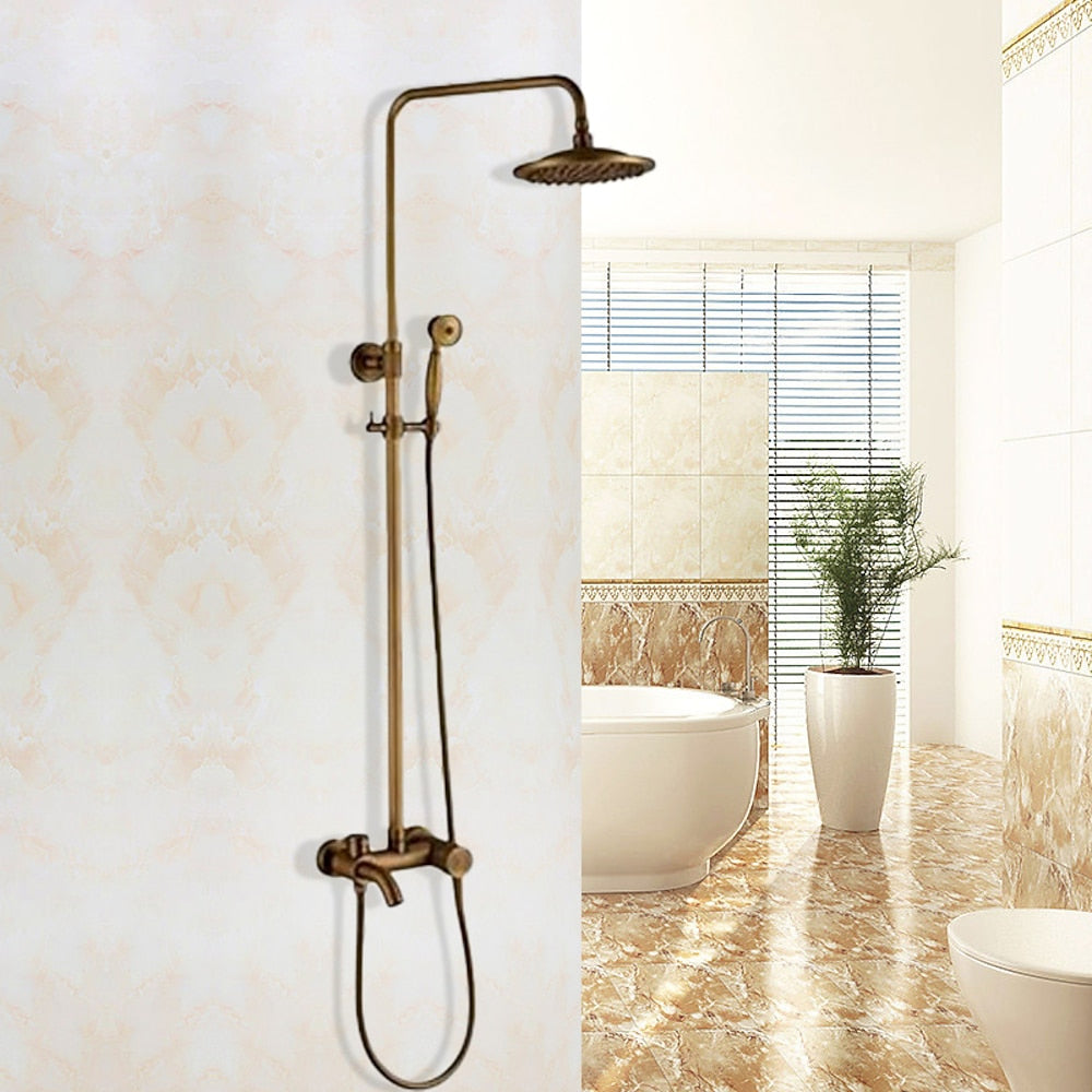 Antique Brass Vintage Wall-Mount Tub Shower System, Retro Rainfall Shower Faucet Set with Handheld Sprayer