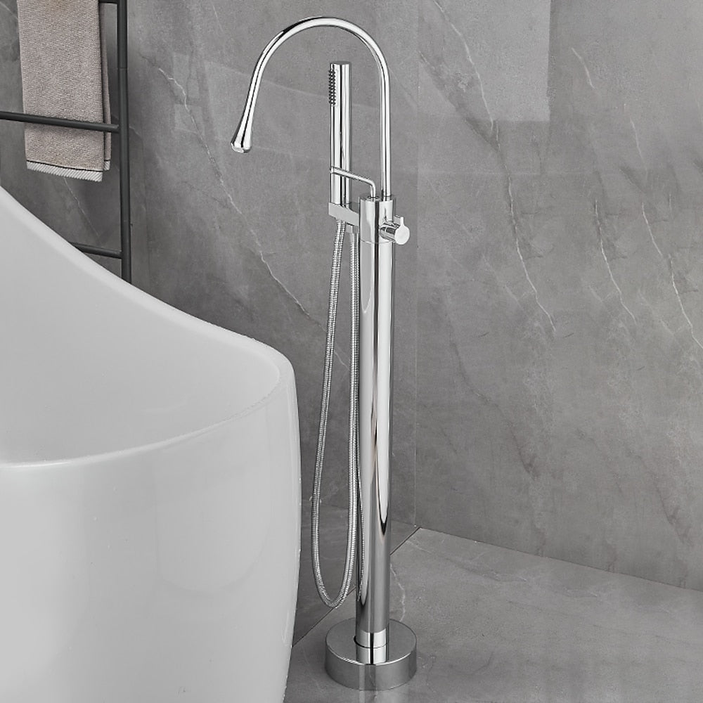 Modern High Arc Freestanding Tub Filler Faucet, Single-Handle Brass Bath Faucet with Handheld Shower, Chrome / Matte Black