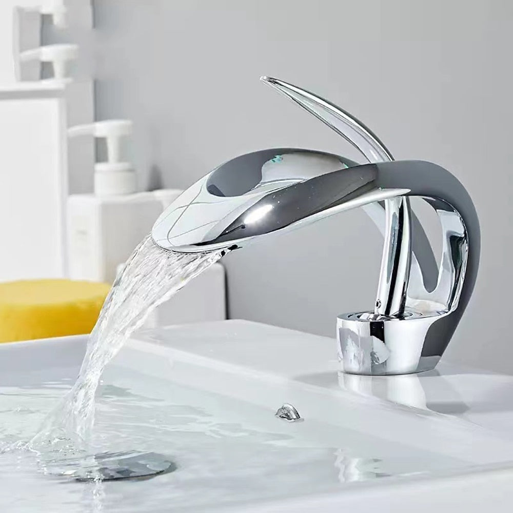 Modern Waterfall Bathroom Faucet, Single-Handle Single-Hole Sink Faucet, Matte Black / Chrome / Brushed Gold / Matte White / Gunmetal