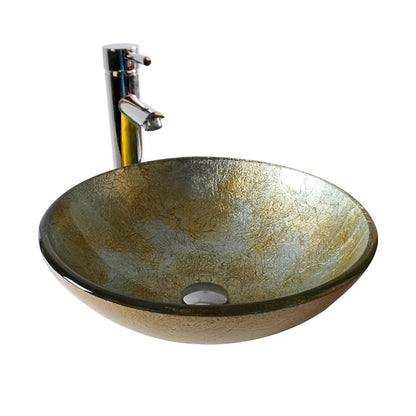Contemporary Round Tempered Glass Vessel Bathroom Sink with Single-Handle Faucet, Vanity Basin Set with Pop-Up Drain, Silver / Gold / Bronze / Gray / Multi