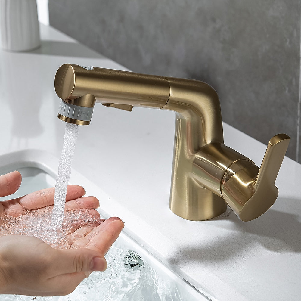 Modern Pull-Out Bathroom Sink Faucet, Single-Handle Swivel Spout Faucet, Brushed Gold / Chrome / Matte Black / Gunmetal