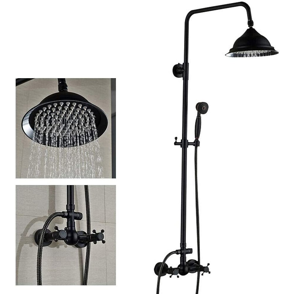Oil-Rubbed Bronze Traditional Wall-Mounted Rainfall Shower System, Dual-Handle Brass Faucet with Handheld Shower
