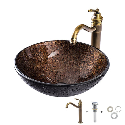 Antique Brass Round Tempered Glass Bathroom Vessel Sink, Faucet Combo, Single-Handle Faucet with Pop-Up Drain