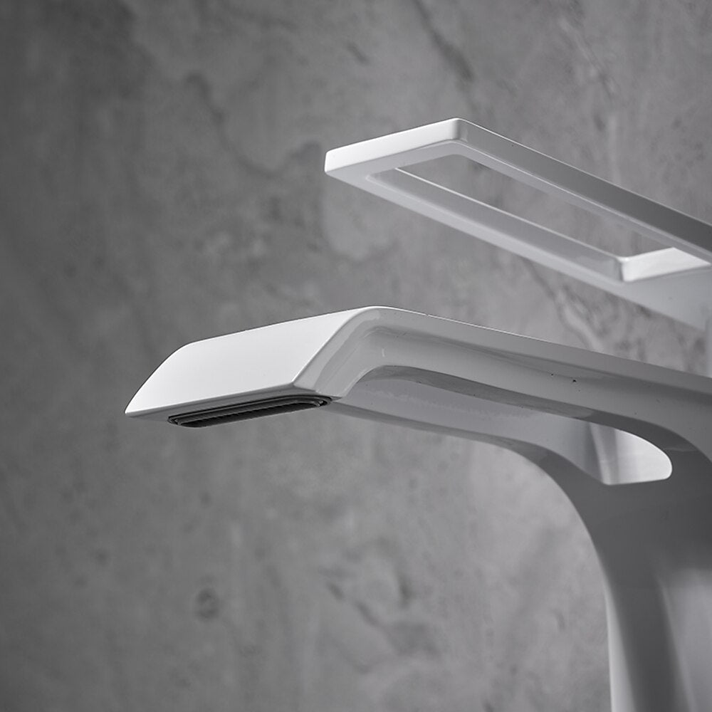 Modern Waterfall Bathroom Faucet, Single-Handle Brass Faucet, Brushed Gold / Chrome / Gunmetal / Matte Black / Matte White
