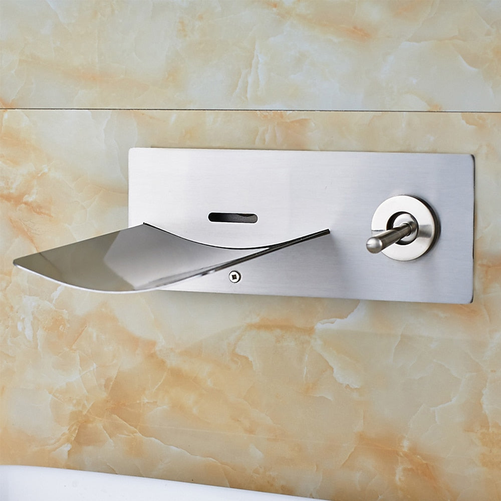 LED Waterfall Brushed Nickel Bathroom Sink Faucet, Modern Wall-Mount Single-Handle Faucet