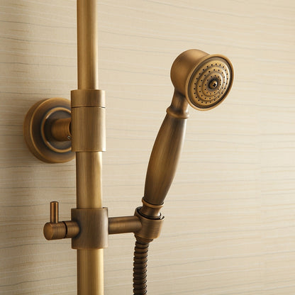 Antique Brass Rainfall Shower System, Wall-Mounted Exposed Pipe Faucet with Handheld Shower