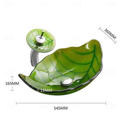 Modern Leaf-Shaped Glass Vessel Sink, Single-Handle Waterfall Spout Faucet Combo with Pop-Up Drain, Multi- / Bronze / Black / Gold