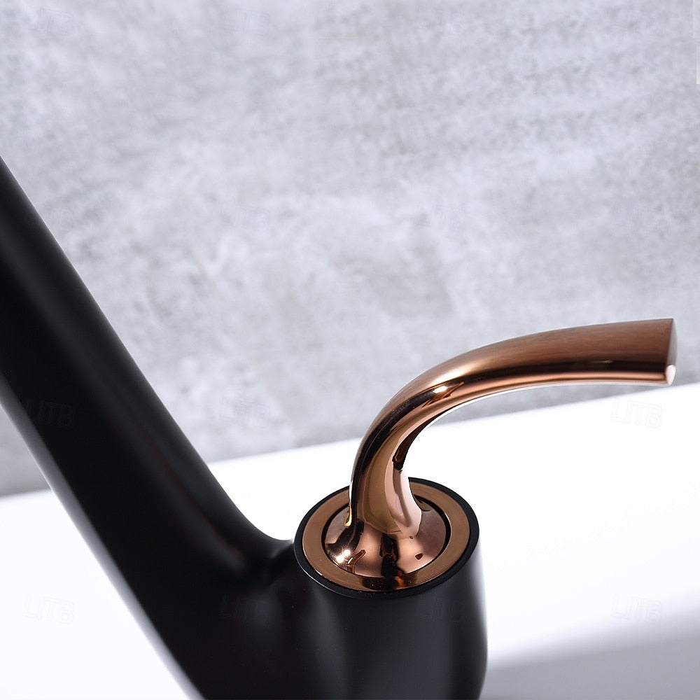 High-Arc Swivel Bathroom Faucet, Modern Single-Hole Single-Handle Basin Faucet, Matte Black / Rose Gold