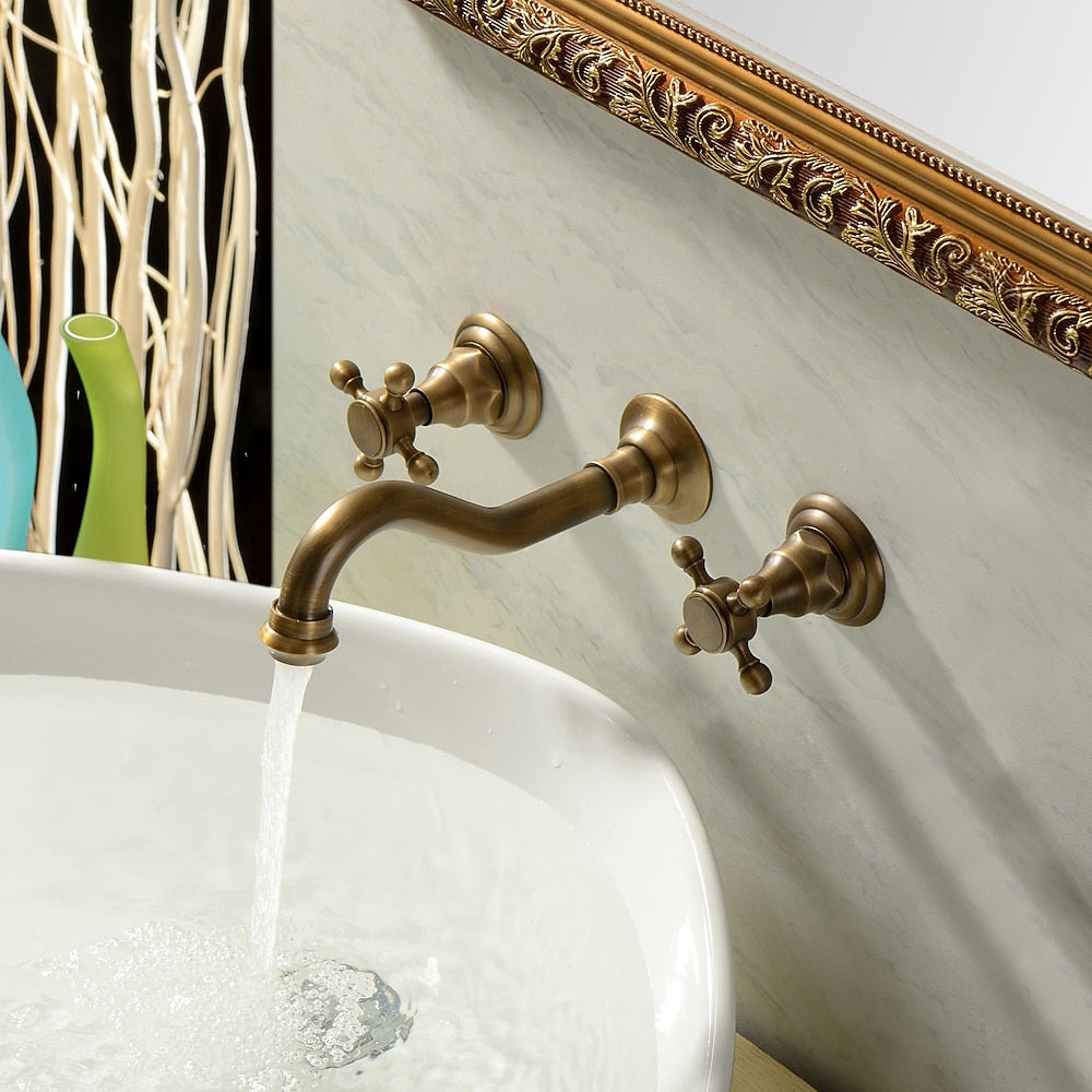360-Degree Swivel Spout Wall-Mount Bathroom Faucet, Traditional Dual Cross Handle Brass Faucet, Antique Brass / Matte Black / Chrome / Matte White