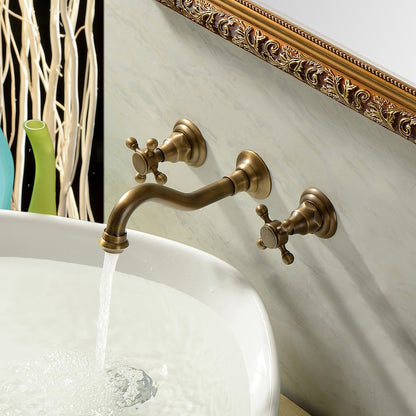 360-Degree Swivel Spout Wall-Mount Bathroom Faucet, Traditional Dual Cross Handle Brass Faucet, Antique Brass / Matte Black / Chrome / Matte White