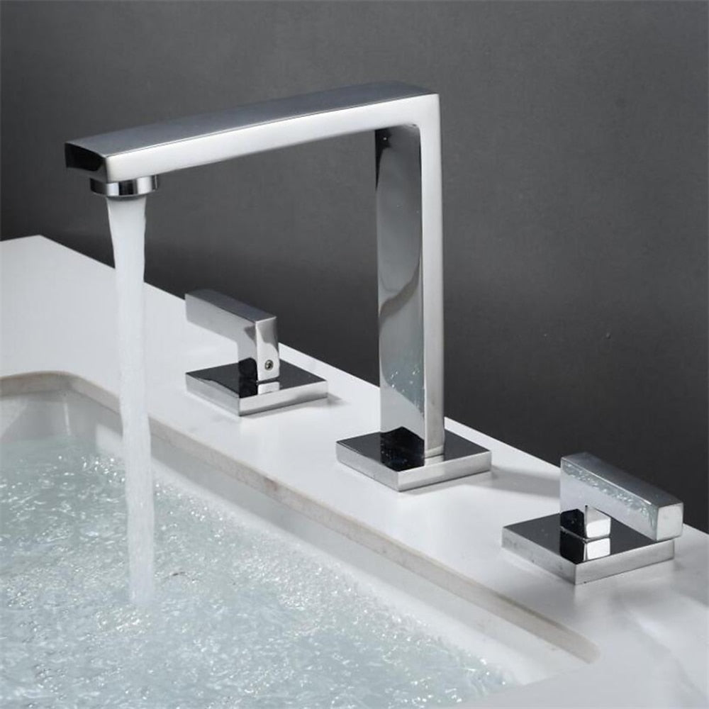 Modern 3-Hole Widespread Bathroom Faucet, Dual-Handle 360-Degree Swivel Brass Faucet, Matte Black / Chrome / Matte White / Antique Brass / Brushed Gold / Gunmetal