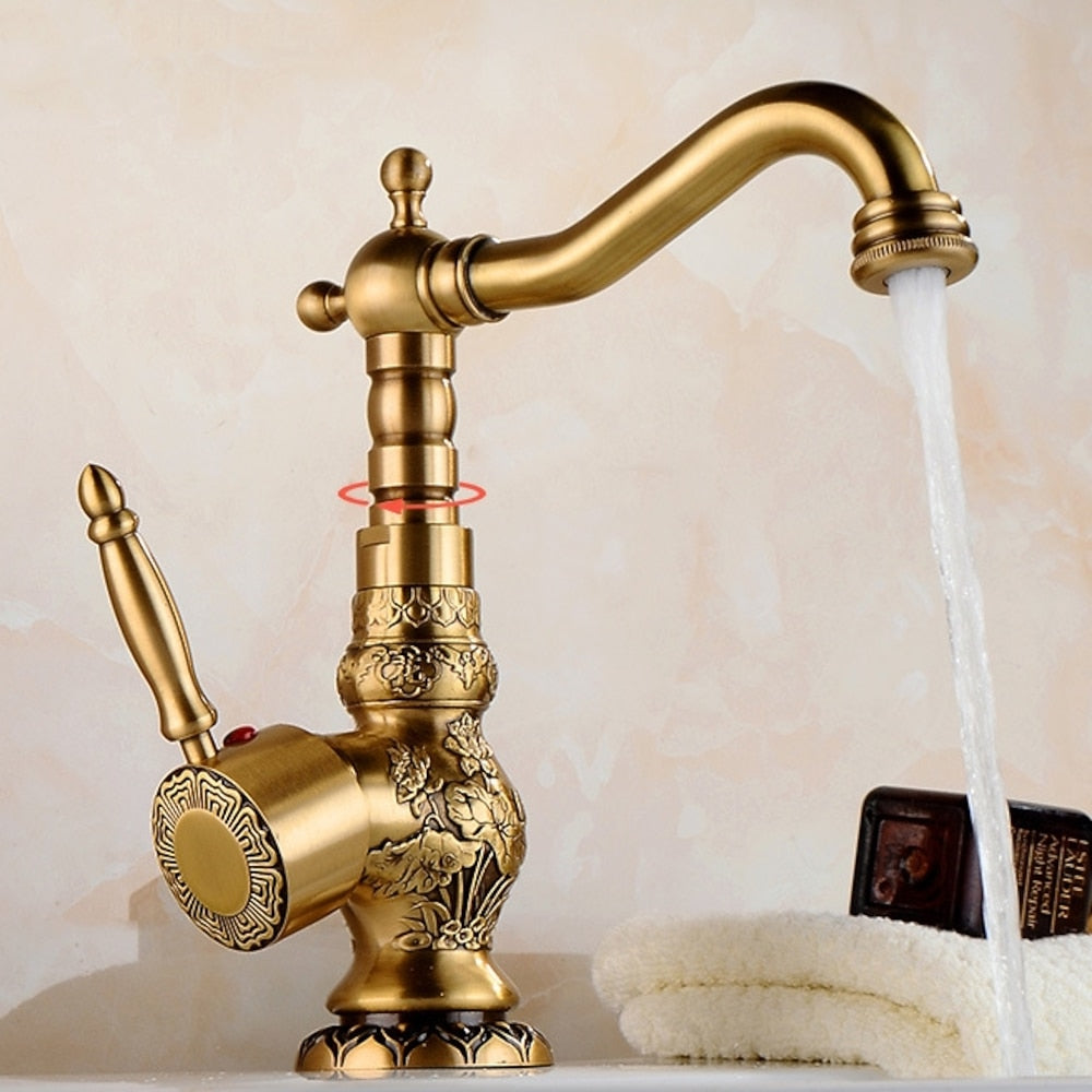 Antique Brass Vintage Floral Carved Bathroom Faucet with Pop-Up Drain, Single-Handle Swivel Spout Faucet