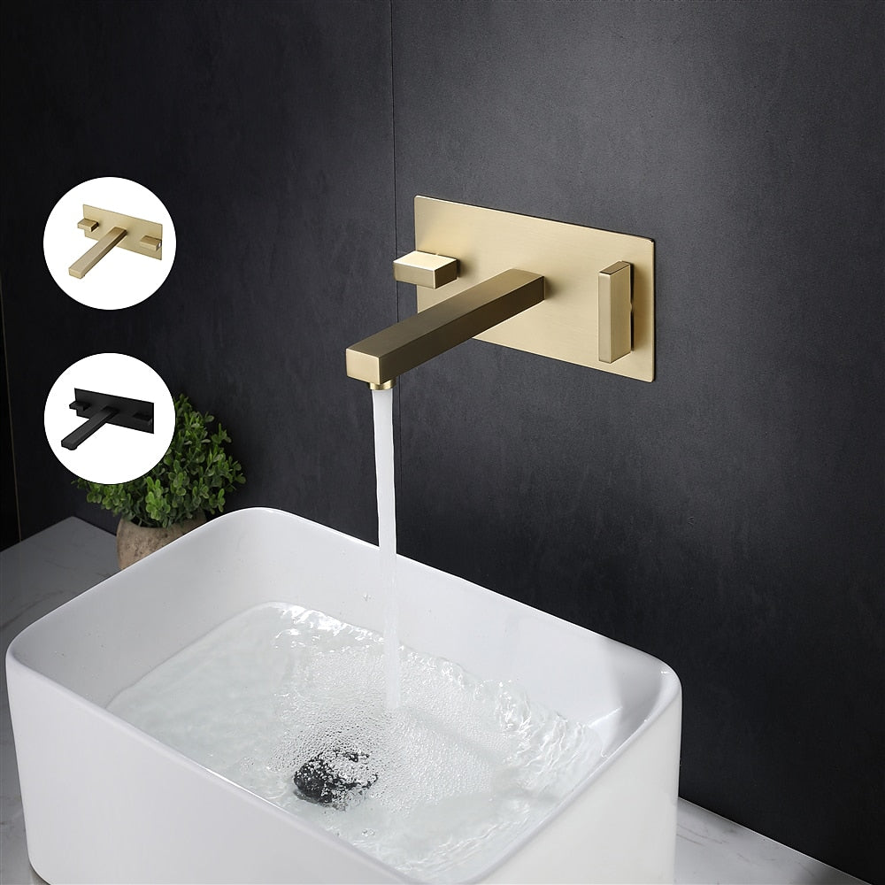 Modern Wall-Mount Bathroom Faucet, Dual-Handle Brass Sink Faucet, Brushed Gold / Matte Black
