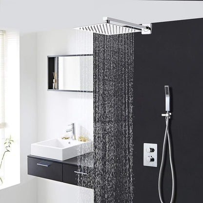 Chrome Wall-Mount Shower System, Thermostatic Dual-Handle Shower Faucet with Handheld Shower