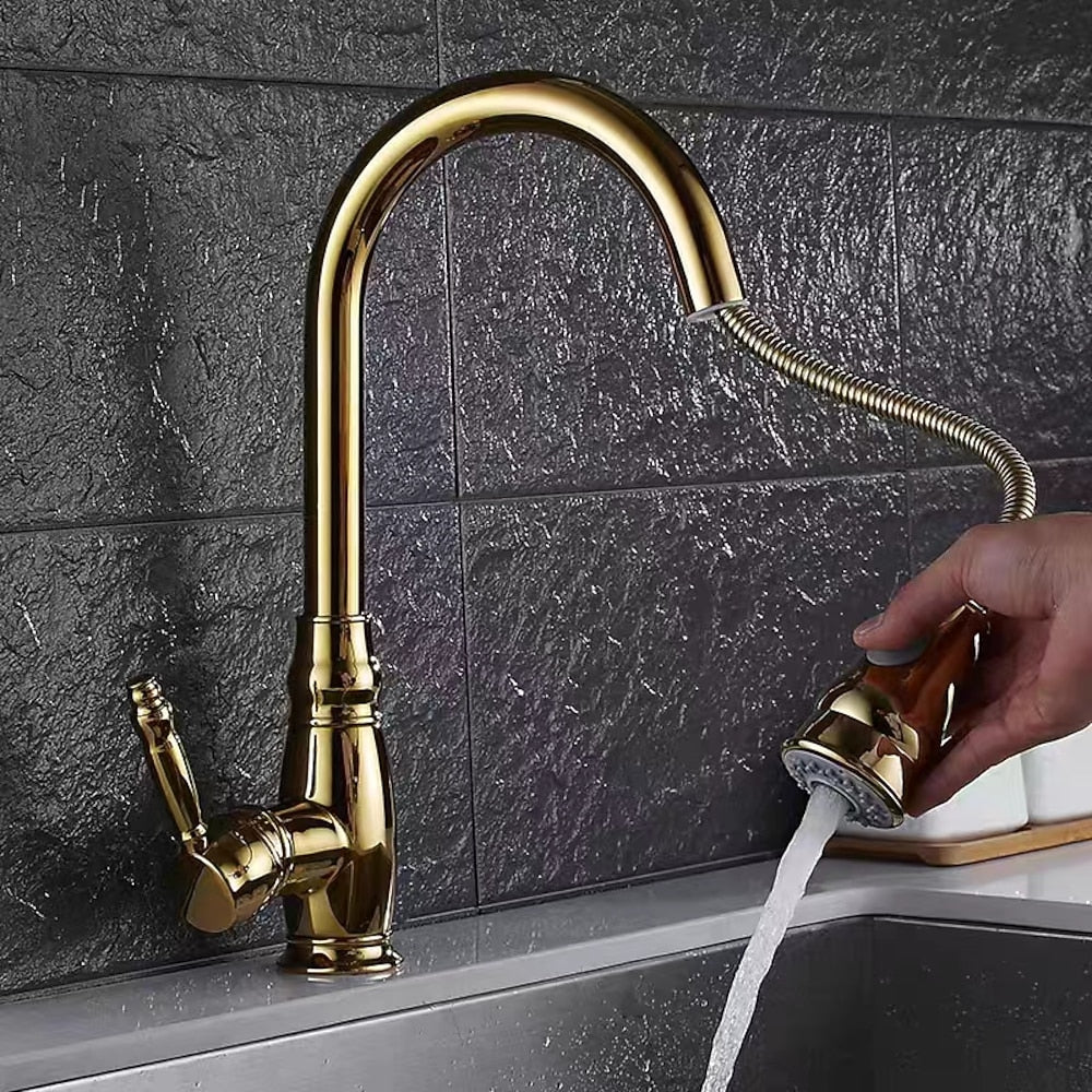 Traditional High-Arc Pull-Down Kitchen Faucet, Single-Handle Single-Hole Brass Faucet, Oil-Rubbed Bronze / Chrome / Brushed Nickel / Polished Gold