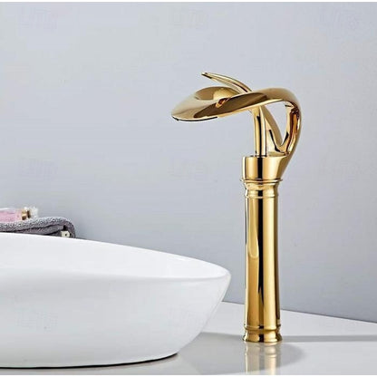 Waterfall Single-Hole Bathroom Faucet, Single-Handle Brass Vessel Sink Faucet, Matte Black / Chrome / Brushed Gold / Matte White / Gunmetal