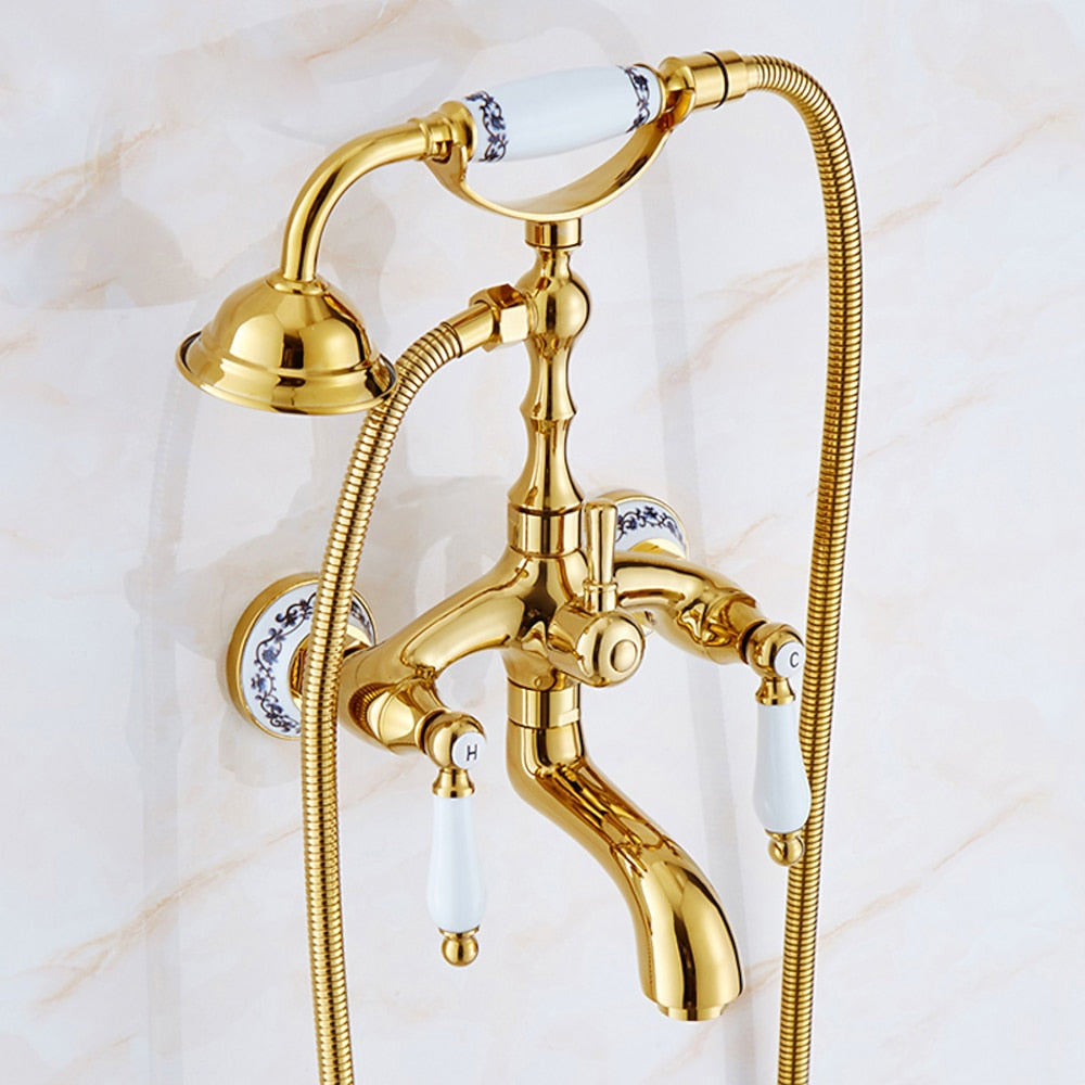 Polished Gold Wall-Mount Tub Filler Faucet, Telephone Dual-Handle Bathtub Faucet with Handheld Shower