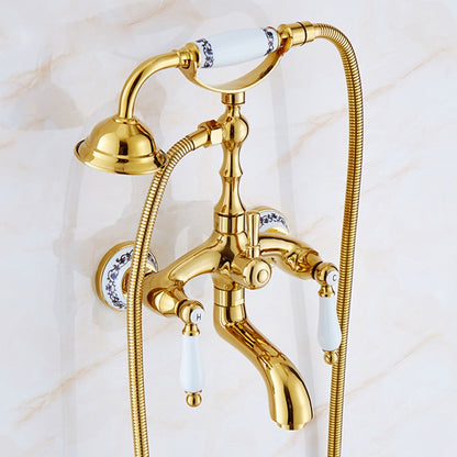 Polished Gold Wall-Mount Tub Filler Faucet, Telephone Dual-Handle Bathtub Faucet with Handheld Shower