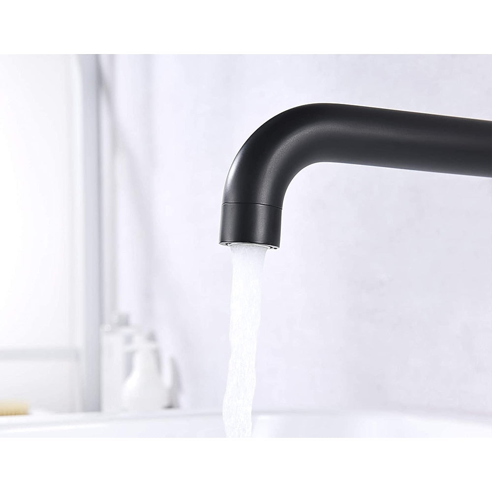 Modern Minimalist Wall-Mount Dual-Handle Bathroom Faucet, Long Spout Brass Sink Faucet, Matte Black / Chrome