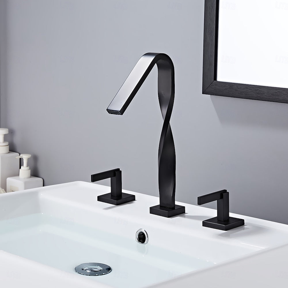 Waterfall Spout Widespread Bathroom Faucet, Dual-Handle Brass Faucet, Matte Black / Brushed Gold