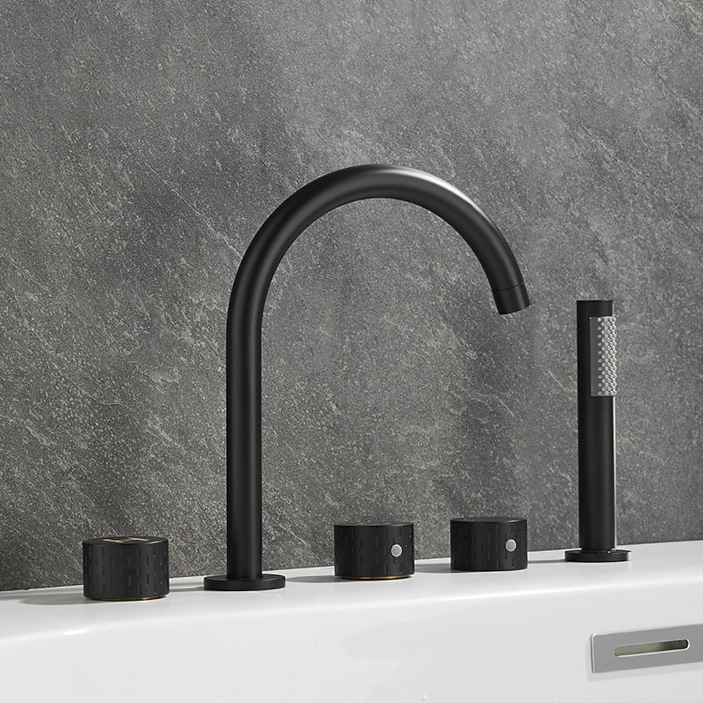 Contemporary 3-Handle Roman Tub Faucet, 5-Hole Brass Tub Filler with Handheld Shower