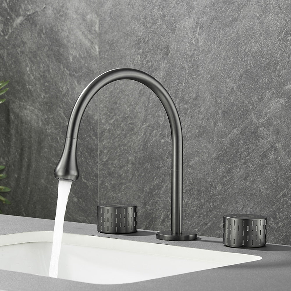 360-Degree Swivel Modern Bathroom Sink Faucet, 3-Hole Widespread Brass Faucet, Gunmetal / Matte Black / Brushed Gold / Chrome