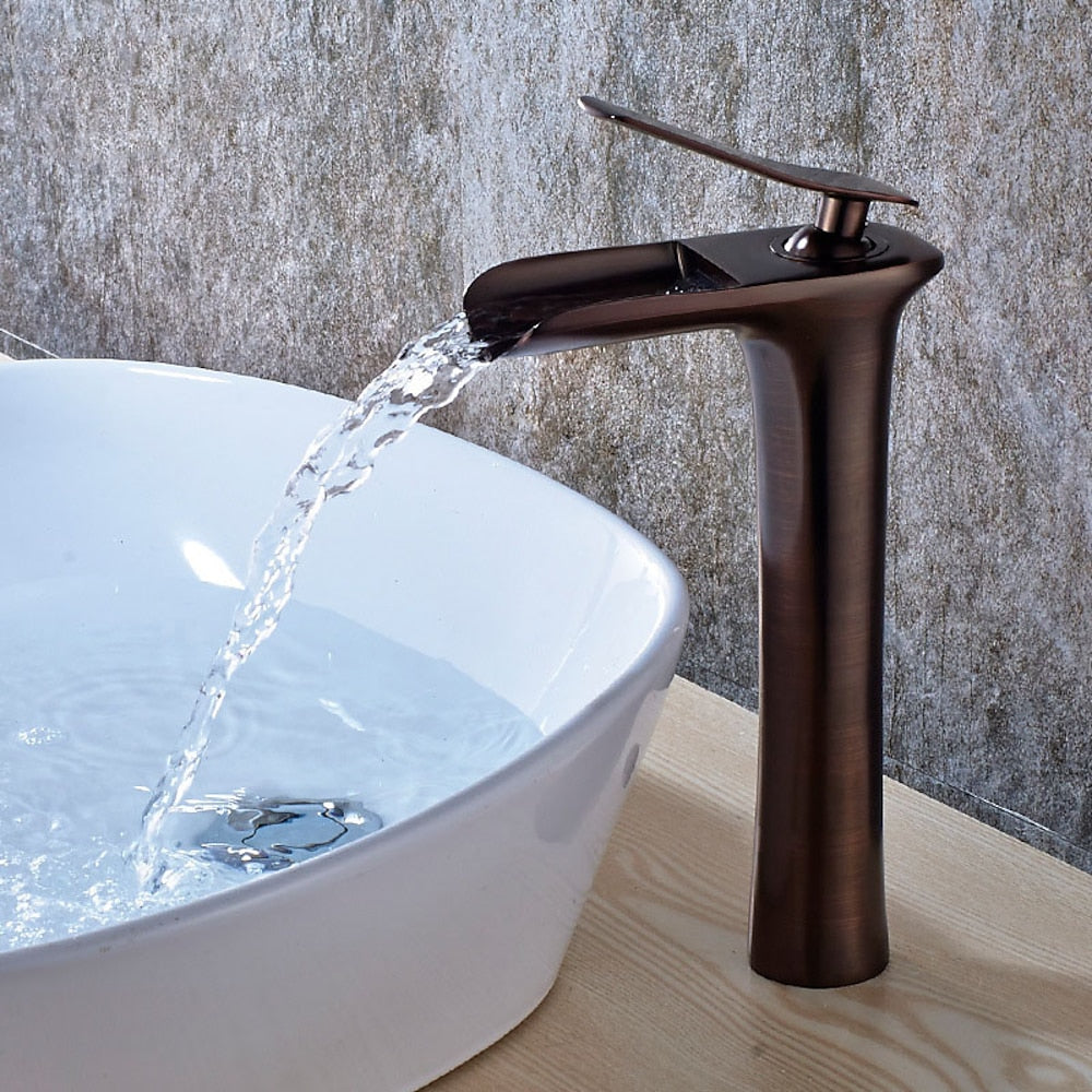 Waterfall Modern Brass Vessel Sink Faucet, Single-Handle Tall Faucet