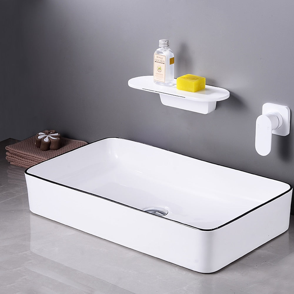 Waterfall Wall-Mount Bathroom Faucet, Single-Handle Brass Sink Faucet, Matte Black / Matte White