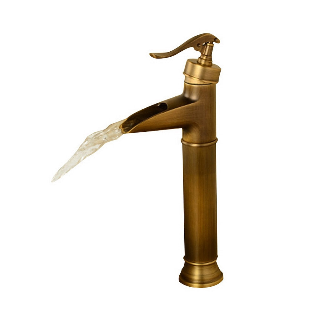 Waterfall Antique Brass Vessel Sink Faucet, Single-Handle Deck-Mounted Brass Faucet