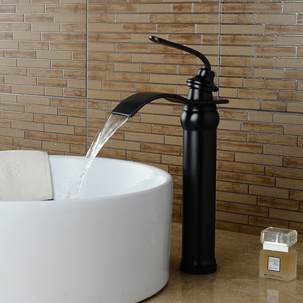 Modern Waterfall Vessel Sink Faucet, Single-Handle Brass Faucet, Matte Black / Oil-Rubbed Bronze