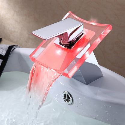 LED Waterfall Chrome Bathroom Faucet, Single-Hole Single-Handle Brass Faucet