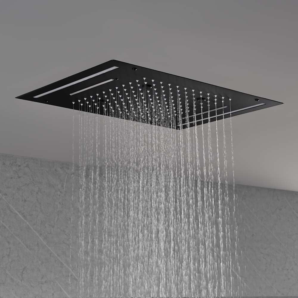 Matte Black LED Thermostatic Waterfall Shower System, Ceiling-Mounted Rainfall Shower Faucet Set with Handheld Shower