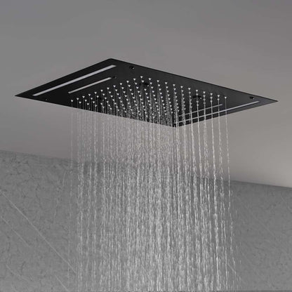 Matte Black LED Thermostatic Waterfall Shower System, Ceiling-Mounted Rainfall Shower Faucet Set with Handheld Shower