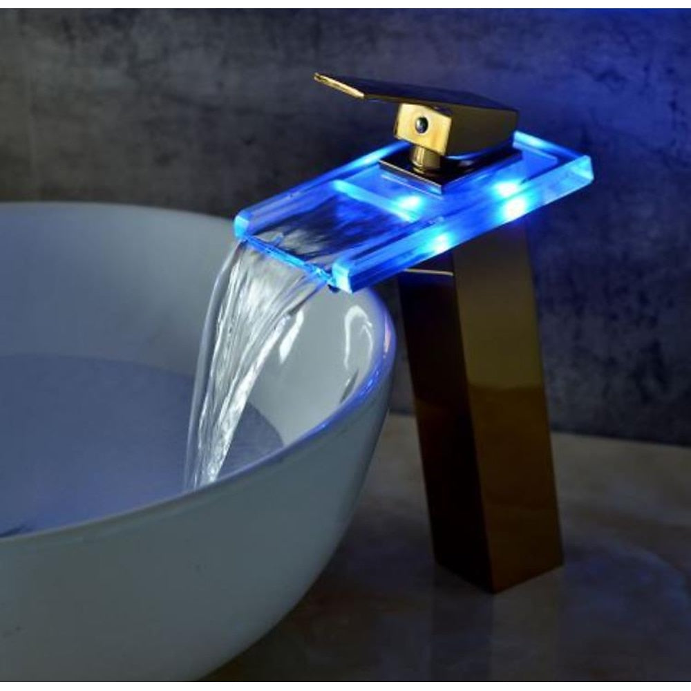 LED Waterfall Bathroom Faucet, Single-Handle Tall Body Vessel Sink Faucet, Polished Gold / Brushed Nickel / Oil-Rubbed Bronze / Chrome