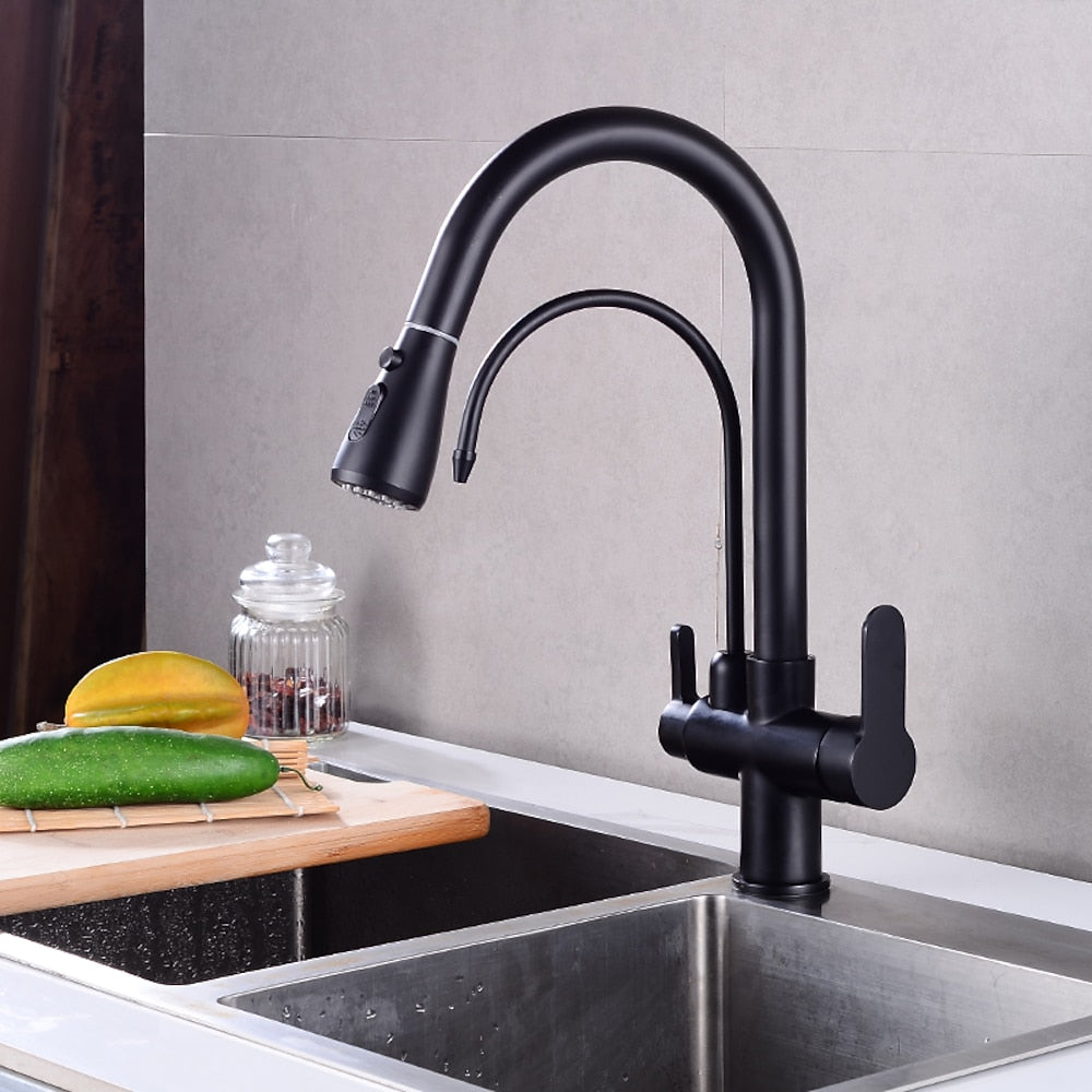 Modern 3-Way Pull-Down Kitchen Faucet, Dual-Handle Swivel Gooseneck Faucet, Gunmetal / Matte Black / Chrome / Matte White / Two-Tone / Antique Brass / Brushed Gold / Brushed Nickel