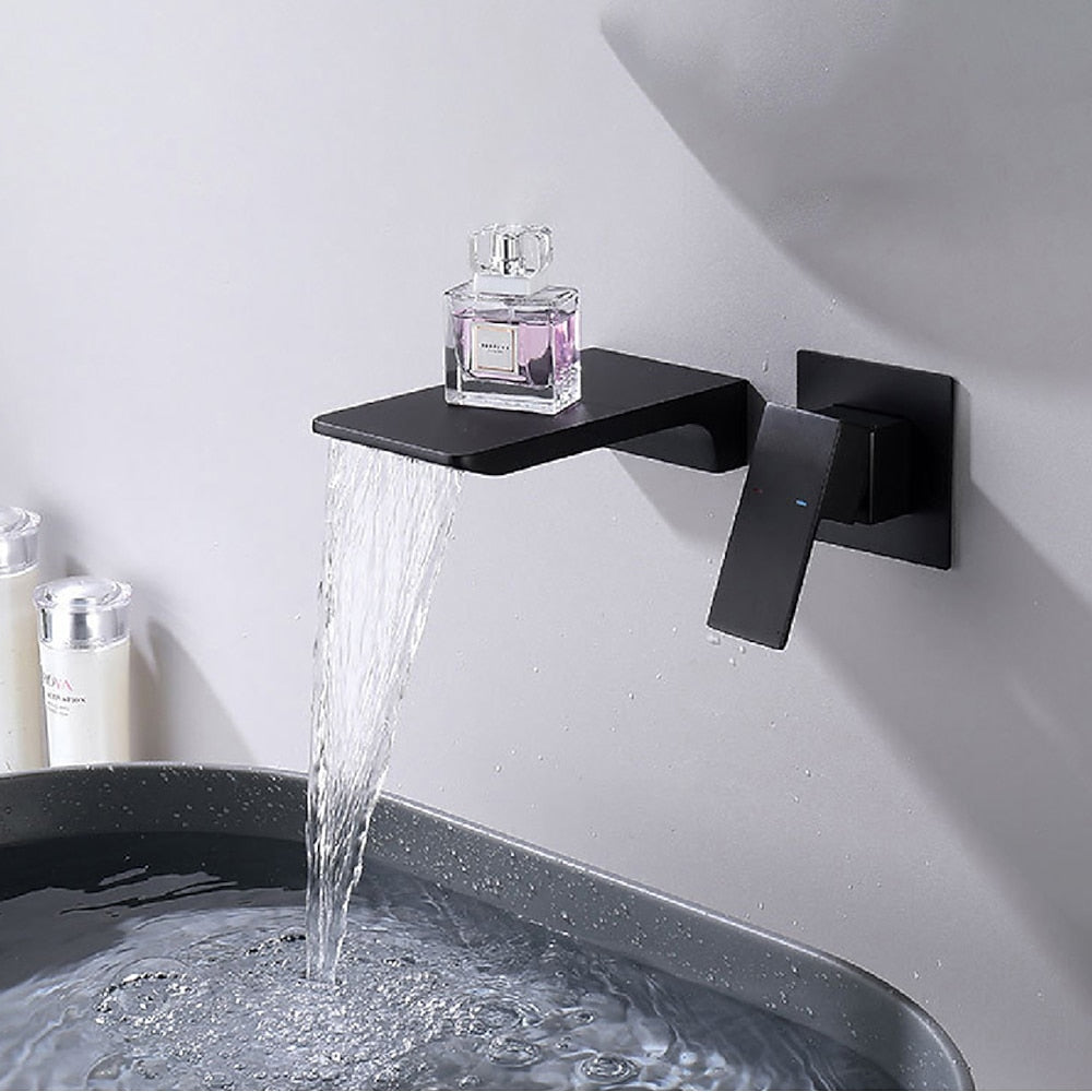 Waterfall Wall-Mount Bathroom Faucet, Single-Handle Brass Faucet, Matte Black / Brushed Gold / Chrome