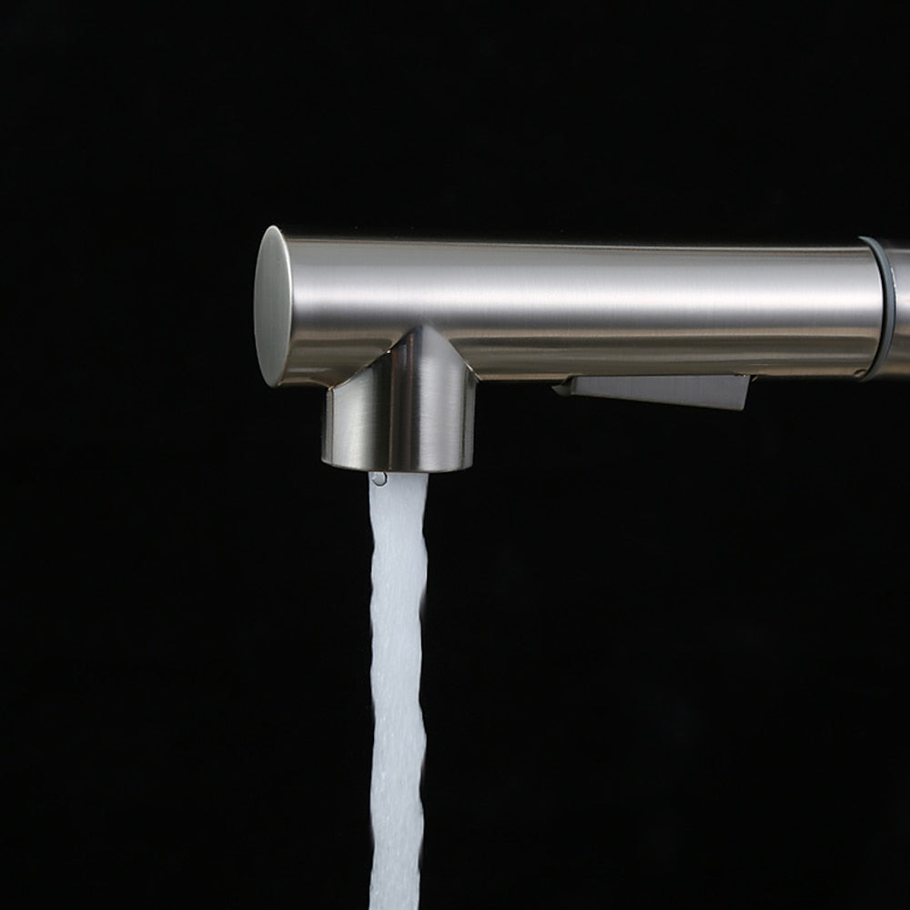 Brushed Nickel Stainless Steel Pull-Down Kitchen Faucet, Single-Hole Single-Handle Faucet, Modern Swivel Spout Faucet
