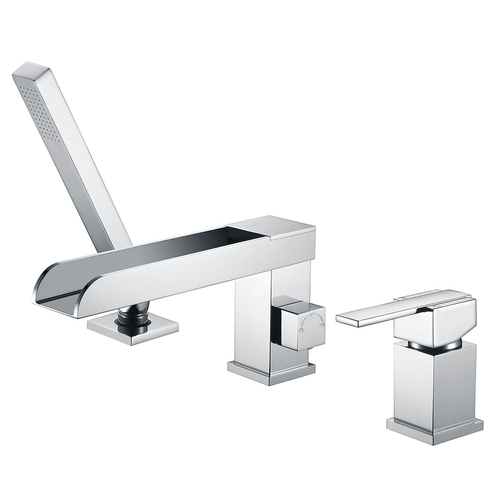 Waterfall Roman Tub Faucet, Single-Handle 3-Hole Tub Faucet with Handheld Shower, Brushed Gold / Matte Black / Chrome