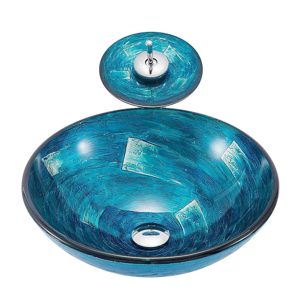 Blue Tempered Glass Round Vessel Sink with Chrome Waterfall Faucet, Single-Handle Bathroom Faucet Combo with Pop-Up Drain