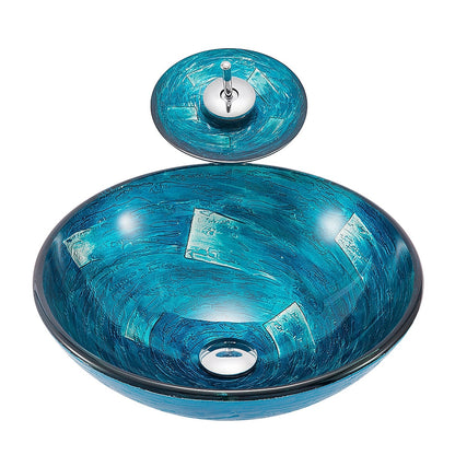 Blue Tempered Glass Round Vessel Sink with Chrome Waterfall Faucet, Single-Handle Bathroom Faucet Combo with Pop-Up Drain