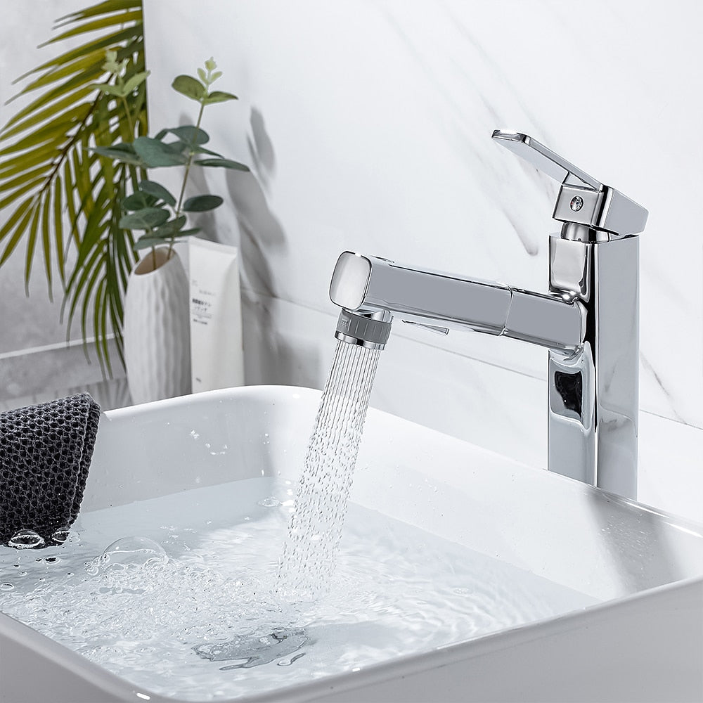 Pull-Out Single-Hole Brass Bathroom Faucet, Upward Fountain Spout Faucet, Chrome / Matte Black / Brushed Gold / Gunmetal