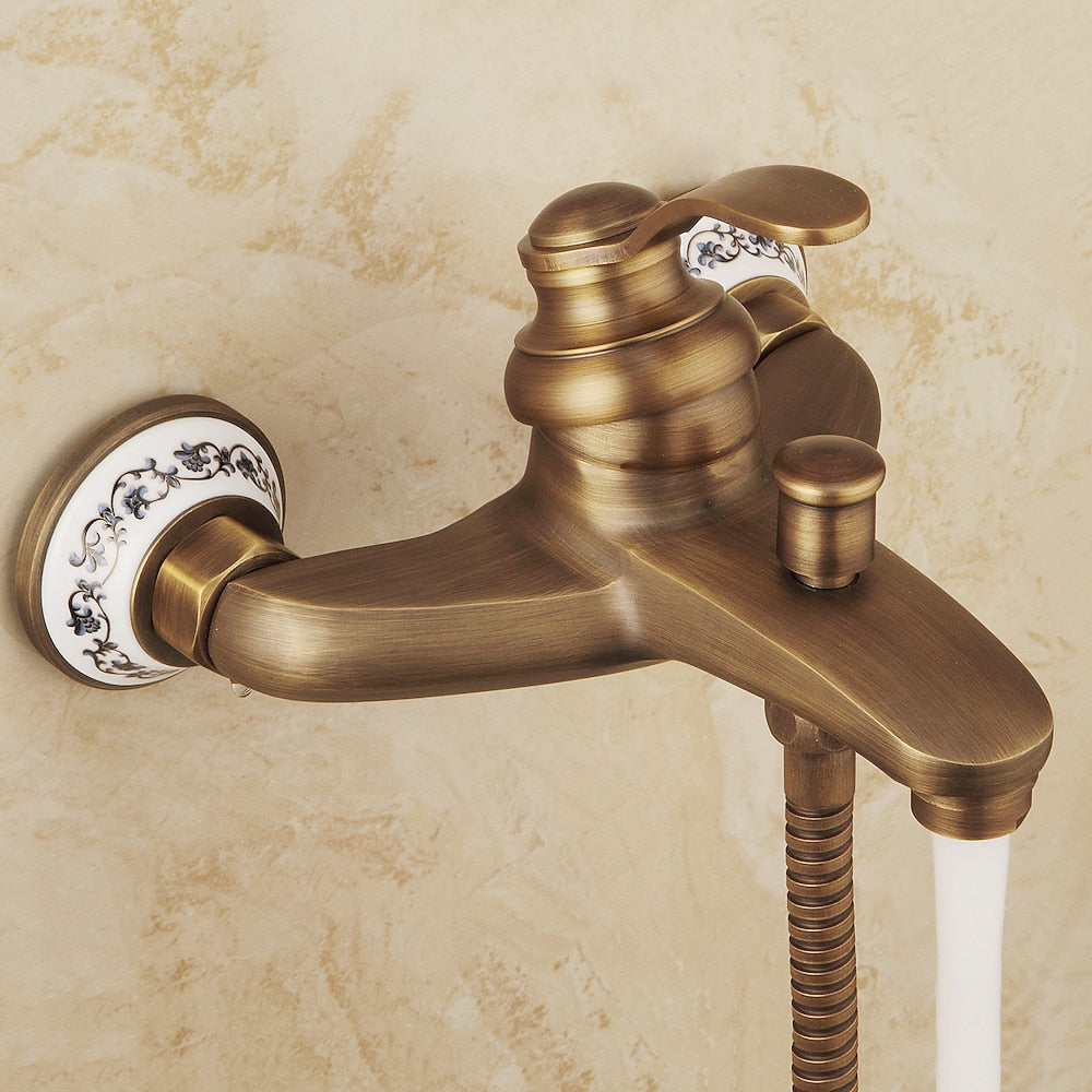 Vintage Wall-Mount Tub Faucet, Single-Handle Brass Bath Tub Faucet with Handheld Shower, Antique Brass / Matte Black / Brushed Brass / Copper