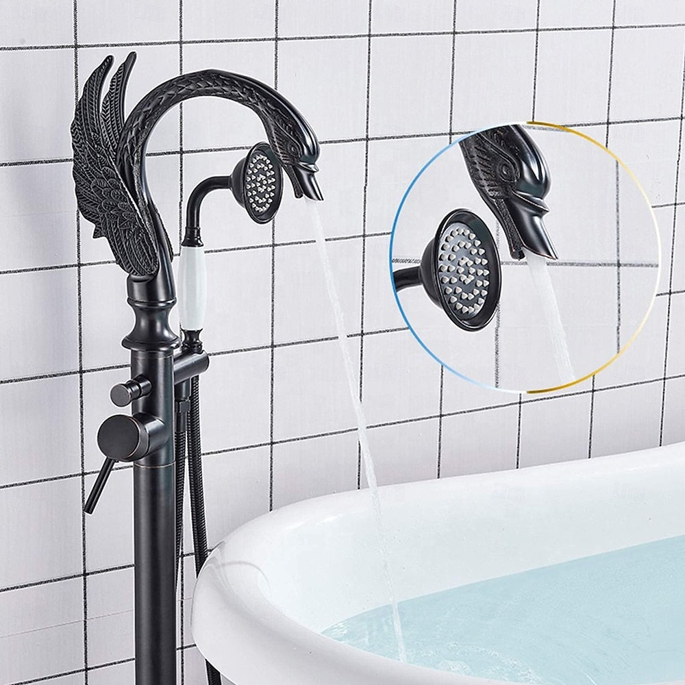 Swan Design Freestanding Tub Filler Faucet, Single-Handle Swivel Spout Tub Faucet with Handheld Shower, Polished Gold / Matte Black