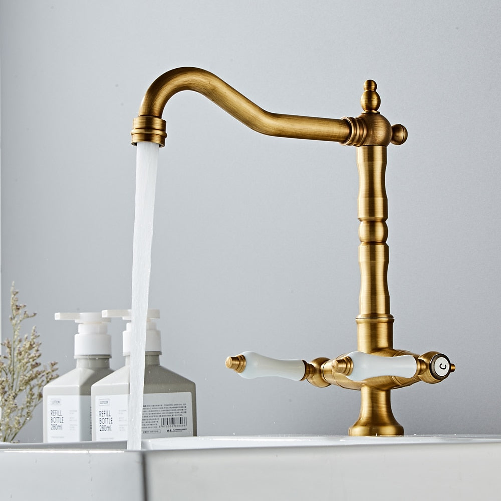 360-Degree Swivel High Arc Brass Faucet, Traditional Single-Hole Two-Handle Bathroom Faucet, Chrome / Matte Black / Antique Brass