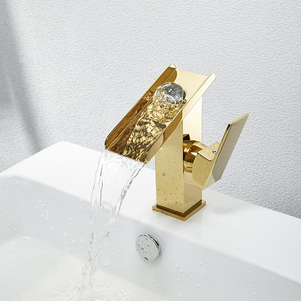 Brushed Gold Waterfall Bathroom Sink Faucet, Modern Single-Hole Single-Handle Faucet