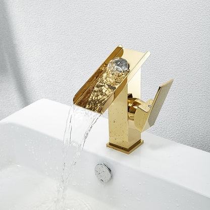 Brushed Gold Waterfall Bathroom Sink Faucet, Modern Single-Hole Single-Handle Faucet