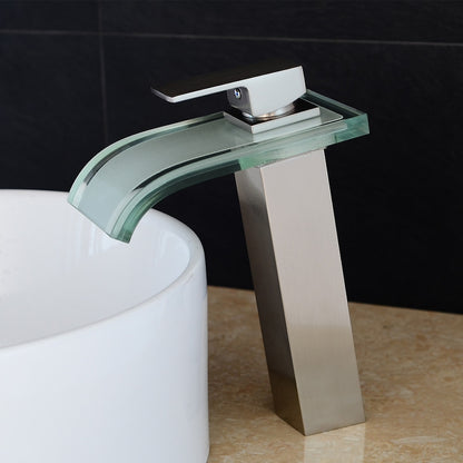 LED Glass Waterfall Bathroom Faucet, Single-Handle Single-Hole Faucet, Brushed Nickel / Brushed Gold / Matte Black / Chrome