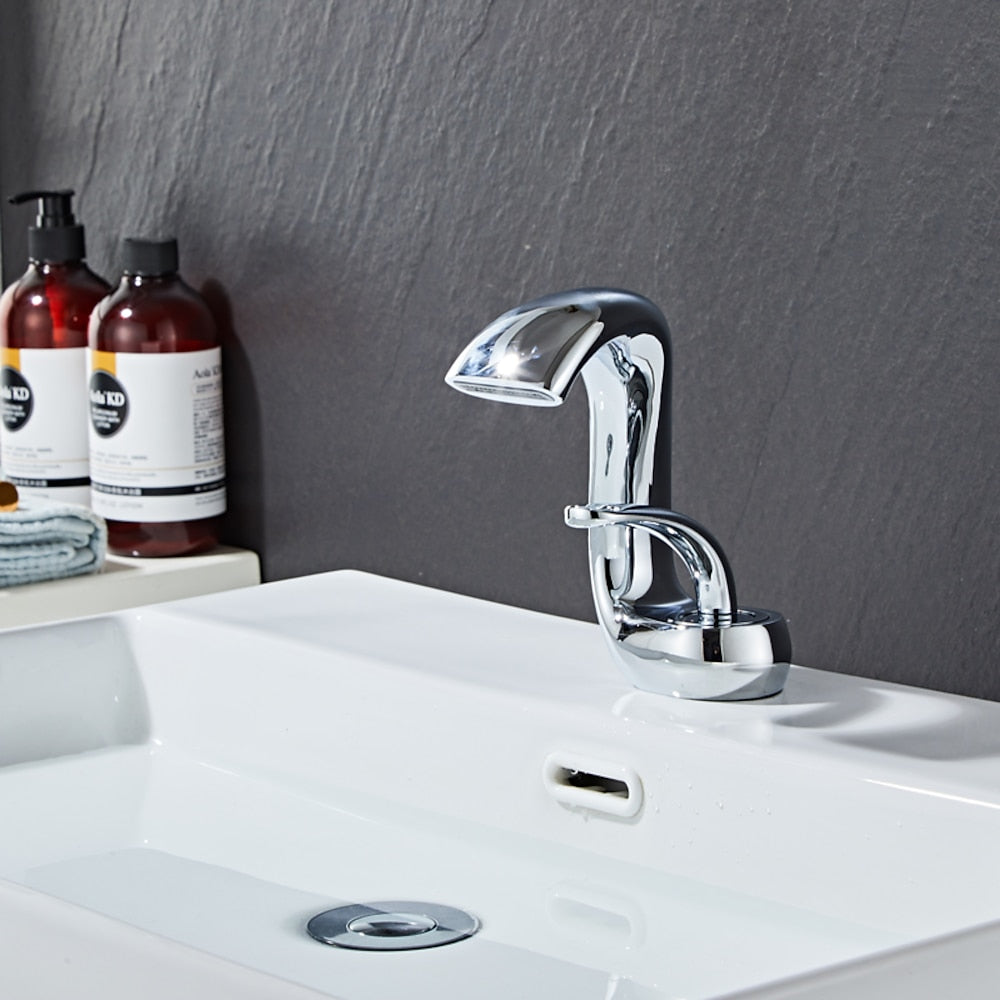 Modern Waterfall Single-Hole Bathroom Faucet, Single-Handle Brass Body Faucet, Matte Black / Brushed Nickel / Chrome / Matte White