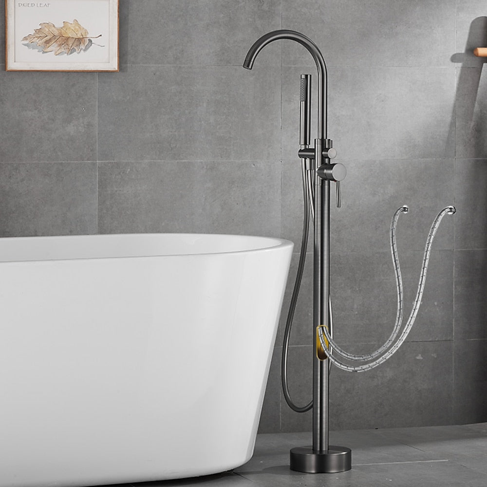 Gunmetal Floor-Mount Freestanding Tub Filler Faucet, Single-Handle Swivel Spout Bathtub Faucet with Handheld Shower